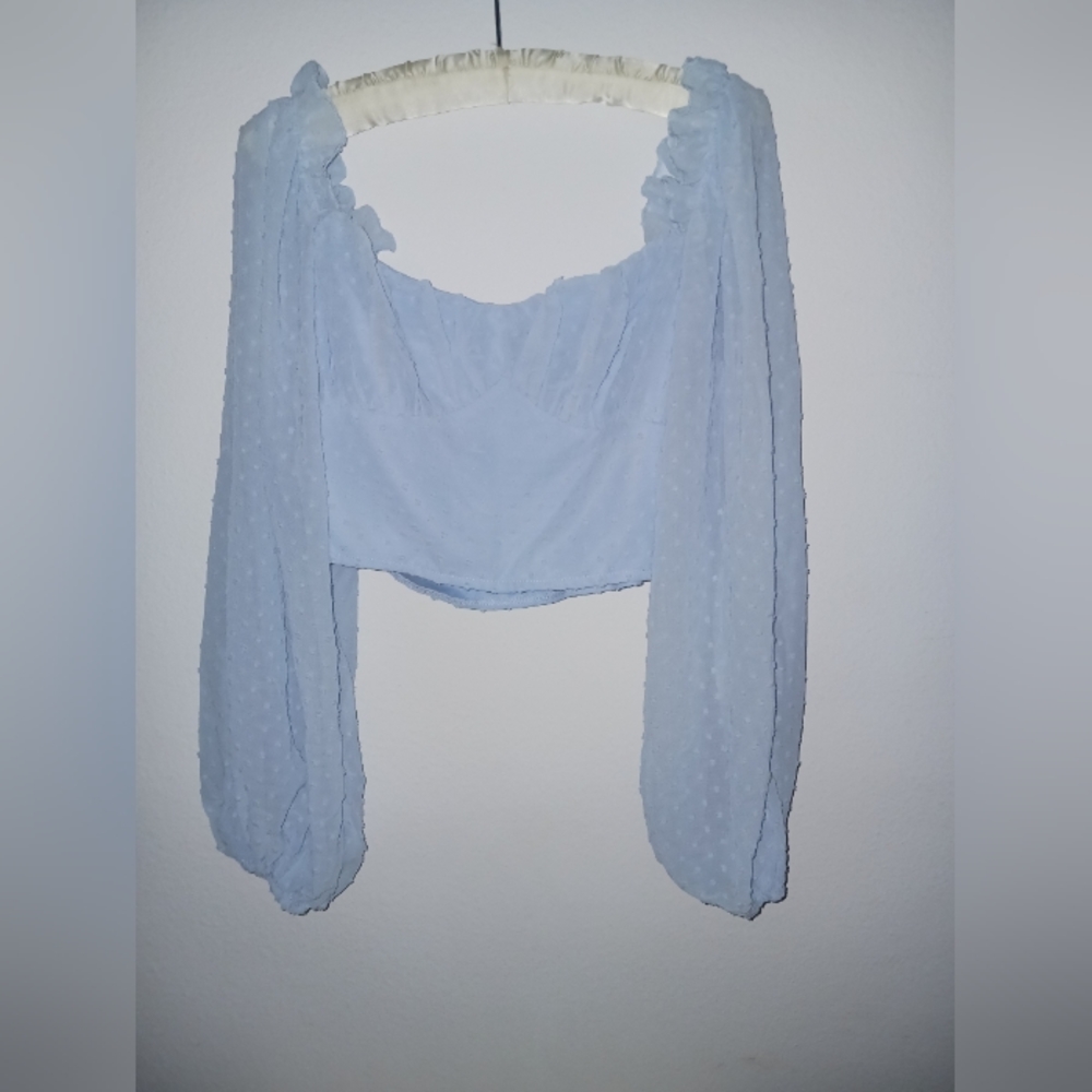 Swiss Dot Lantern Sleeve Crop Top Pale Blue (Asian L) RUNS VERY SMALL!